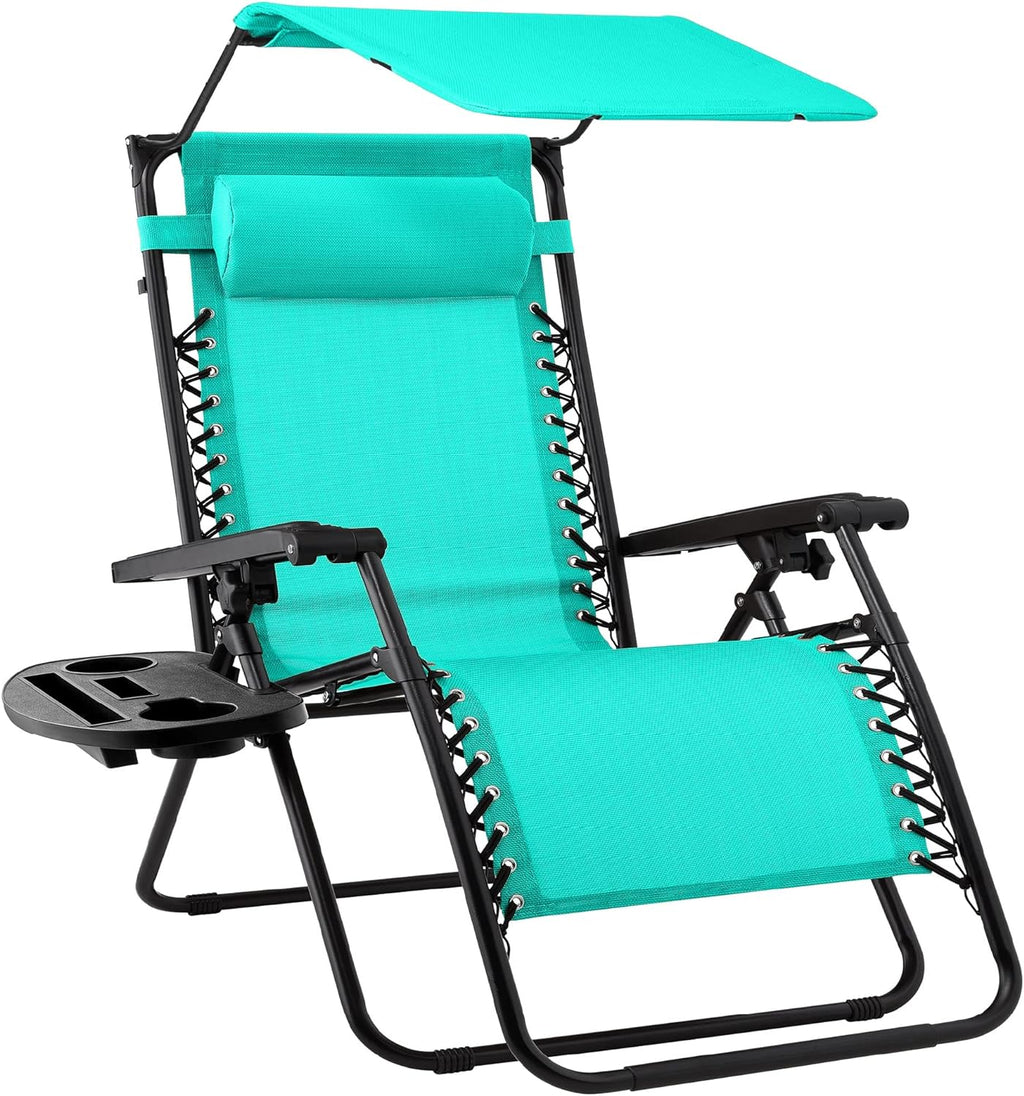 Best Choice Products – Silla Reclinable de Patio con Gravedad Cero, Ajustable y Plegable para Exteriores con Dosel, Almohada Cervical y Bandeja Lateral, Textileno – Azul Pavo Real