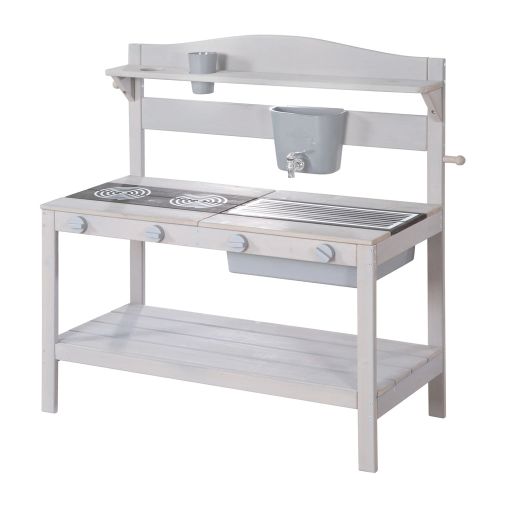 Cocina de barro para exteriores con accesorios - Madera certificada FSC - Acabado en gris grabado