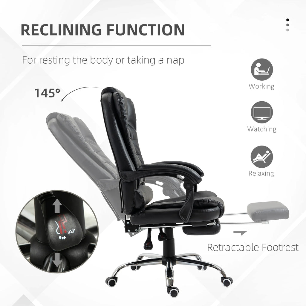 Silla de Oficina Ejecutiva, Sillón de Cuero PU con Respaldo Reclinable y Reposapiés, Negro