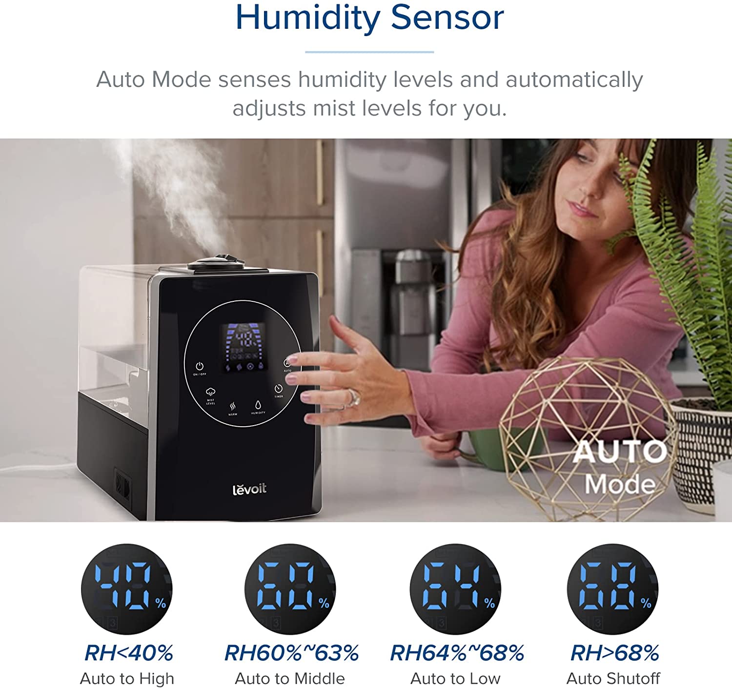Humidificadores LEVOIT para Dormitorio y Habitaciones Grandes, 6L de Niebla Cálida y Fría para Familias y Plantas, con Sensor de Humedad Integrado