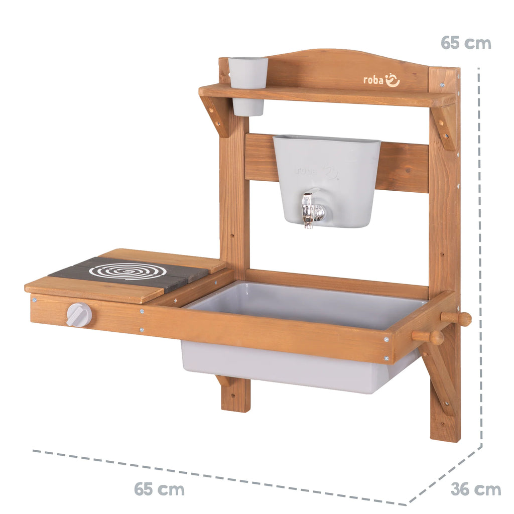 Cocina de juego al aire libre con accesorios – Madera certificada FSC – Acabado en gris grabado