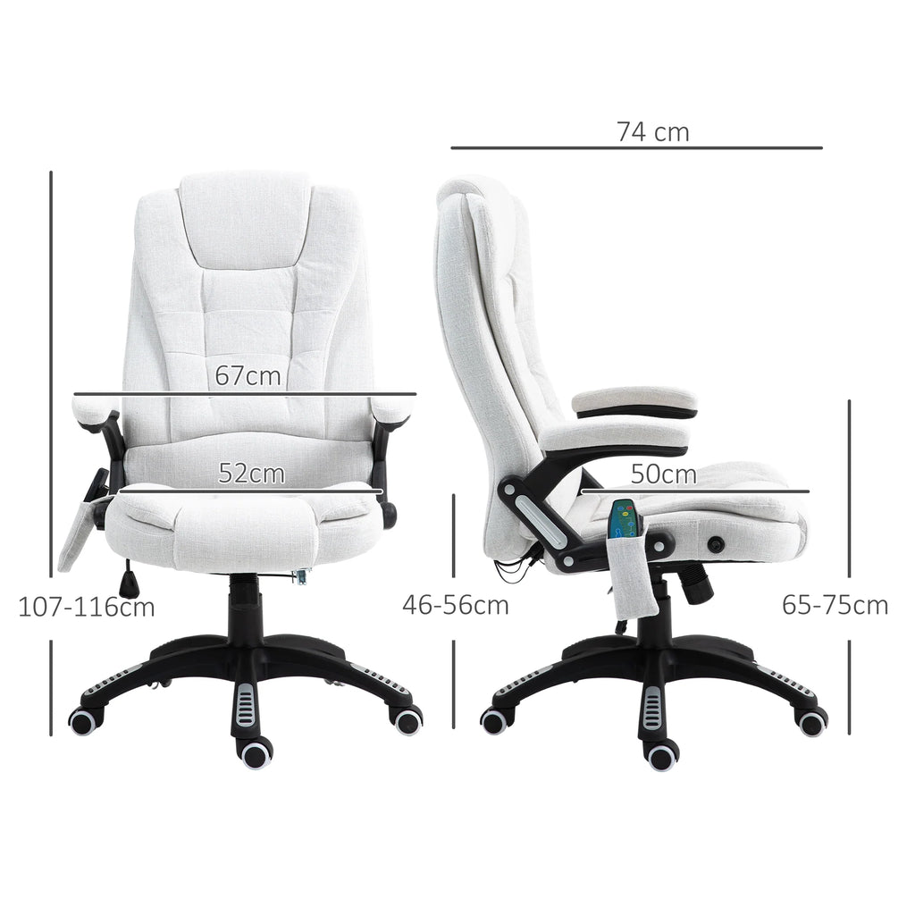 Silla de Oficina Ergonómica con Masaje de 6 Puntos y Calefacción en la Espalda, Tela Tipo Lino, Blanco Crema