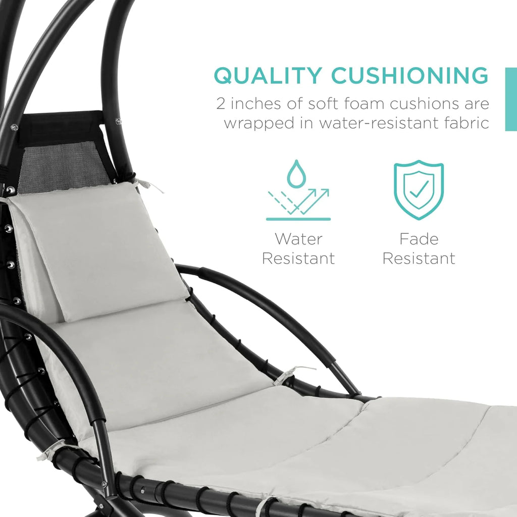 Chaise Longue Suspendue de Exterior Best Choice Products – Silla Balancín Curvada de Acero con Cojín Integrado y Toldo Desmontable – Gris Carbón