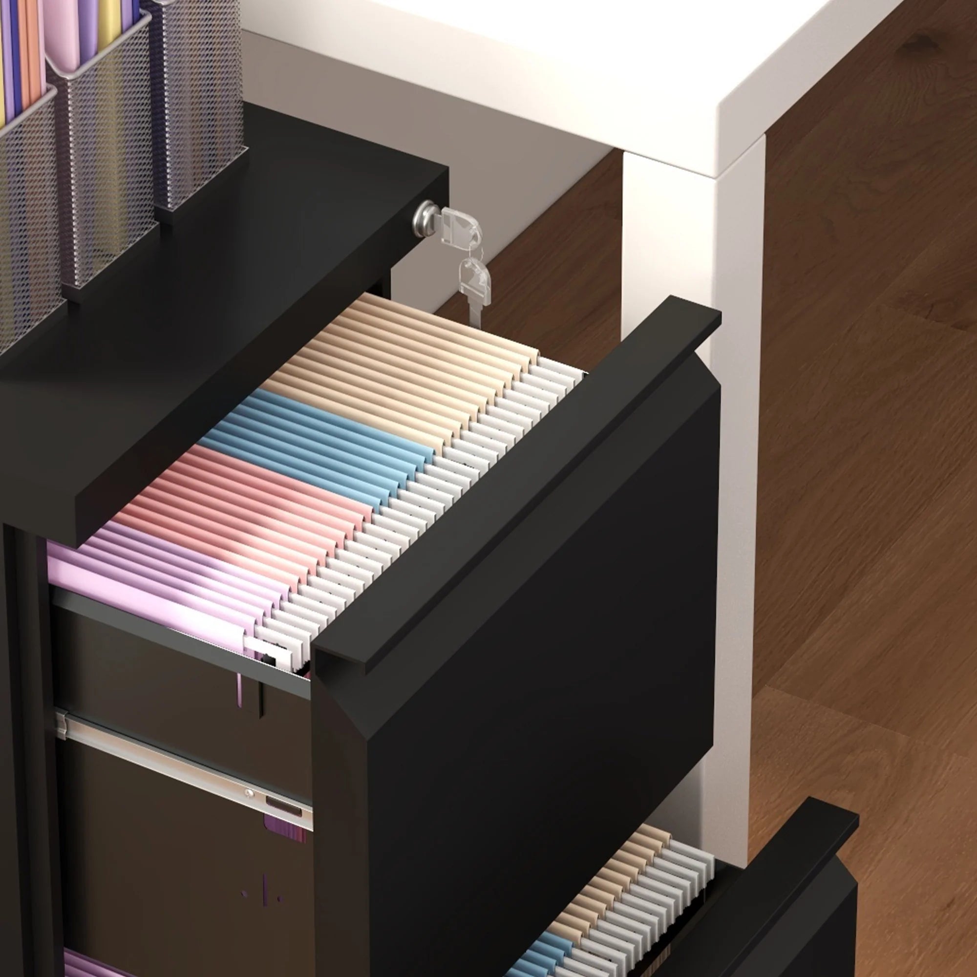 Archivador Móvil con 2 Cajones, Mueble de Archivo Cerrable de Acero, Cuerpo Preensamblado, Negro
