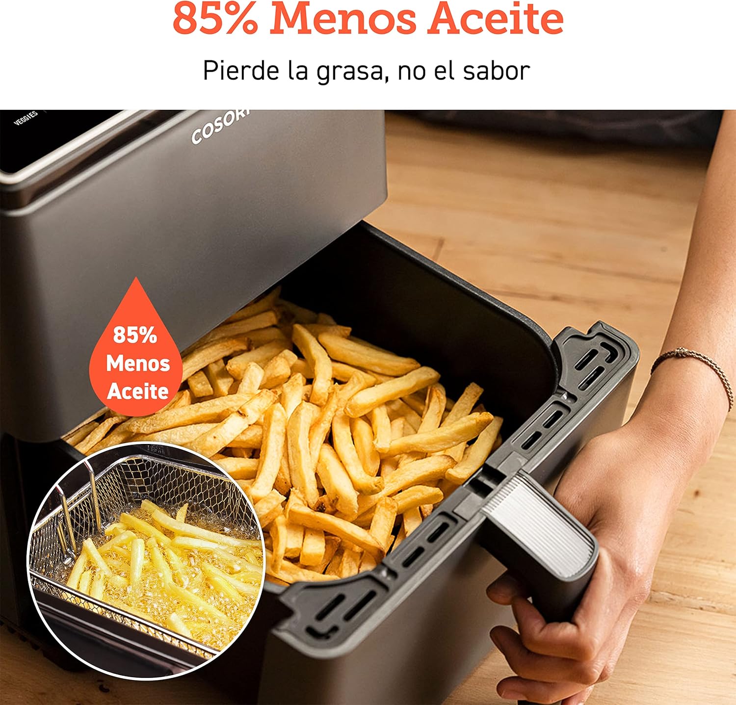 COSORI Freidora Inteligente Sin Aceite 6.4L, Freidora de Aire con Doble Calentamiento, Sin Revolver ni Precalentar, con Recetas en Español y 12 Programas, Gris Oscuro, Modelo CAF-P583S