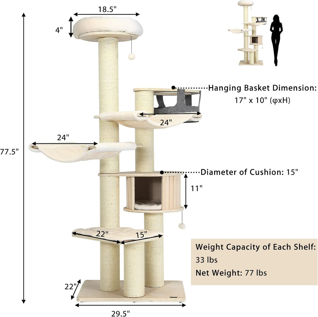 Árbol para Gatos Grande, Torre de Múltiples Niveles con Poste de Sisal, Hamaca, Cesta Colgante y Alfombrillas Desmontables y Lavables, Perfecto para Gatos Grandes