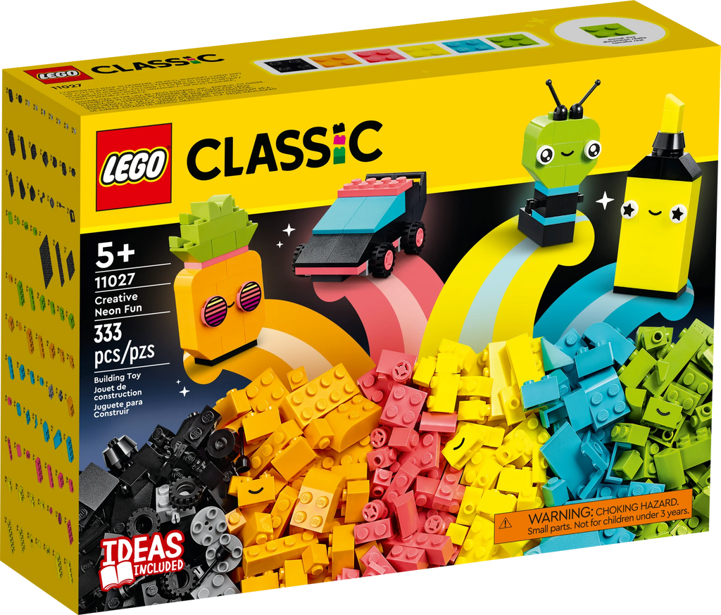 LEGO Classic Caja de Ladrillos Creativos de Colores Neón Set 11027, Juguete de Construcción para Crear un Coche, Piña, Extraterrestre, Patines y Más Ideas para Construir, para Niños y Niñas de 5 Años en Adelante