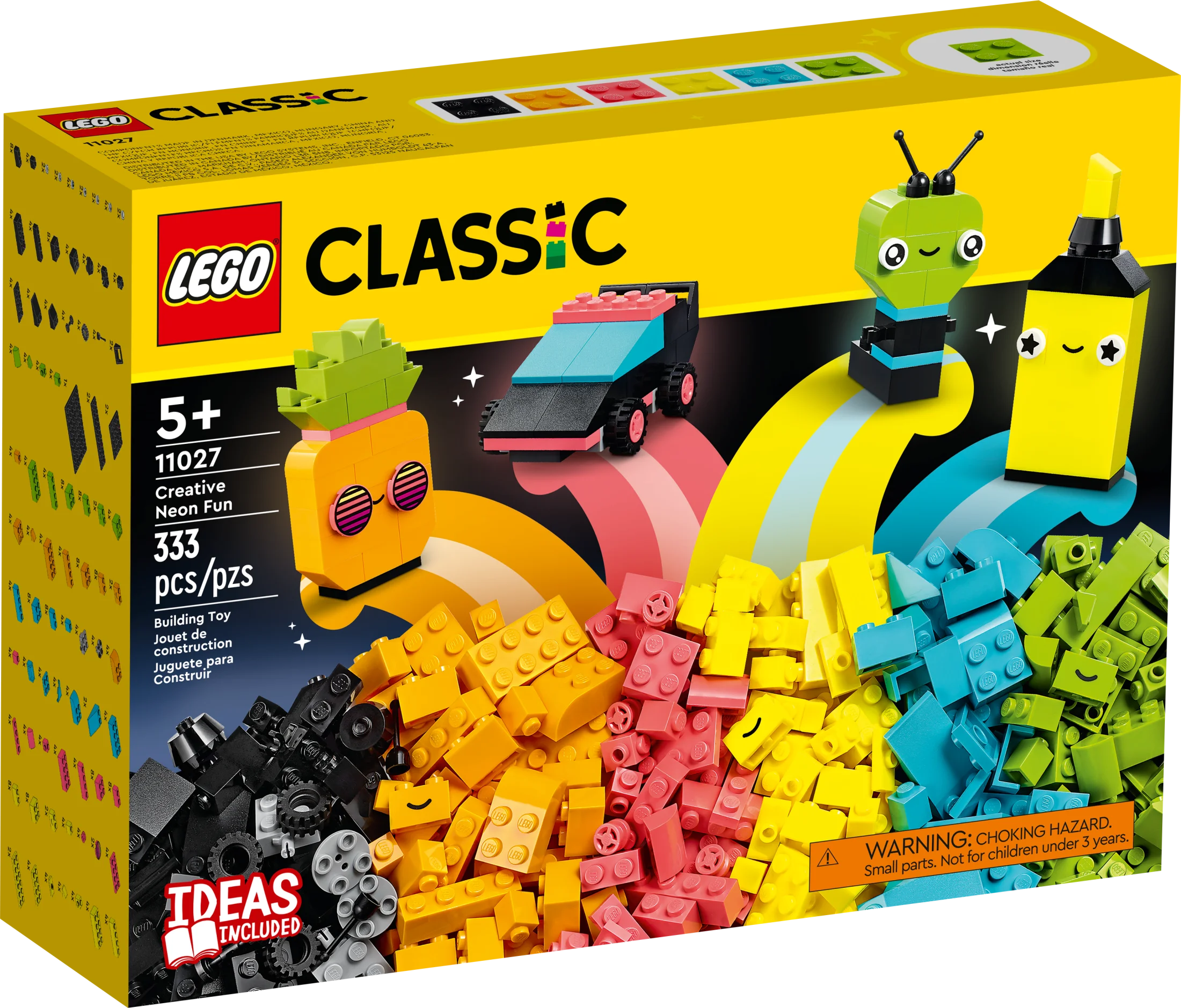 LEGO Classic Caja de Ladrillos Creativos de Colores Neón Set 11027, Juguete de Construcción para Crear un Coche, Piña, Extraterrestre, Patines y Más Ideas para Construir, para Niños y Niñas de 5 Años en Adelante