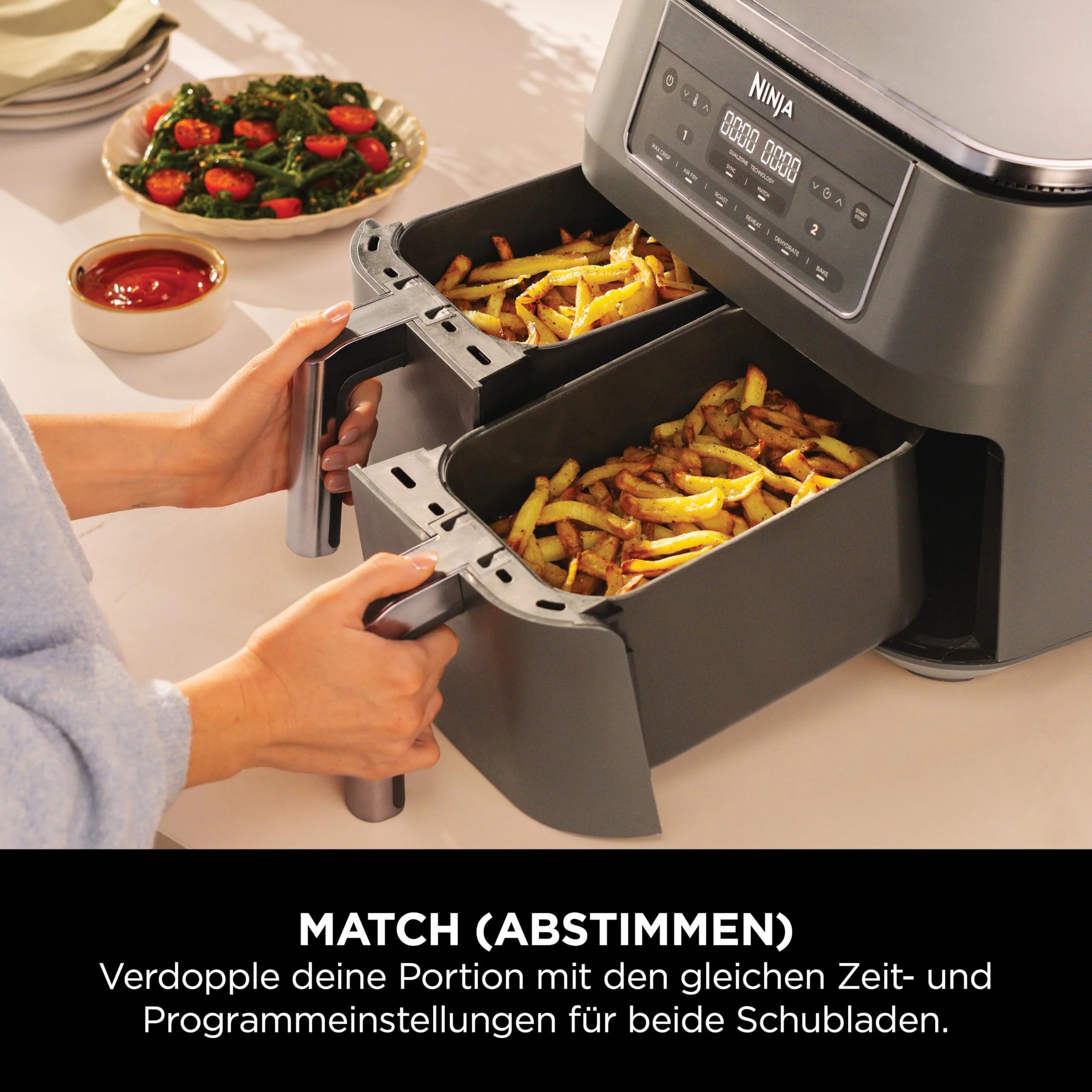 2025 Freidora de aire digital Ninja Dual Zone, 2 cajones, 6 en 1, sin aceite, capacidad 7,6 L, cocción con aire caliente, función Max Crisp, asar, hornear, recalentar, cestas aptas para lavavajillas, gris metálico DZ300EU