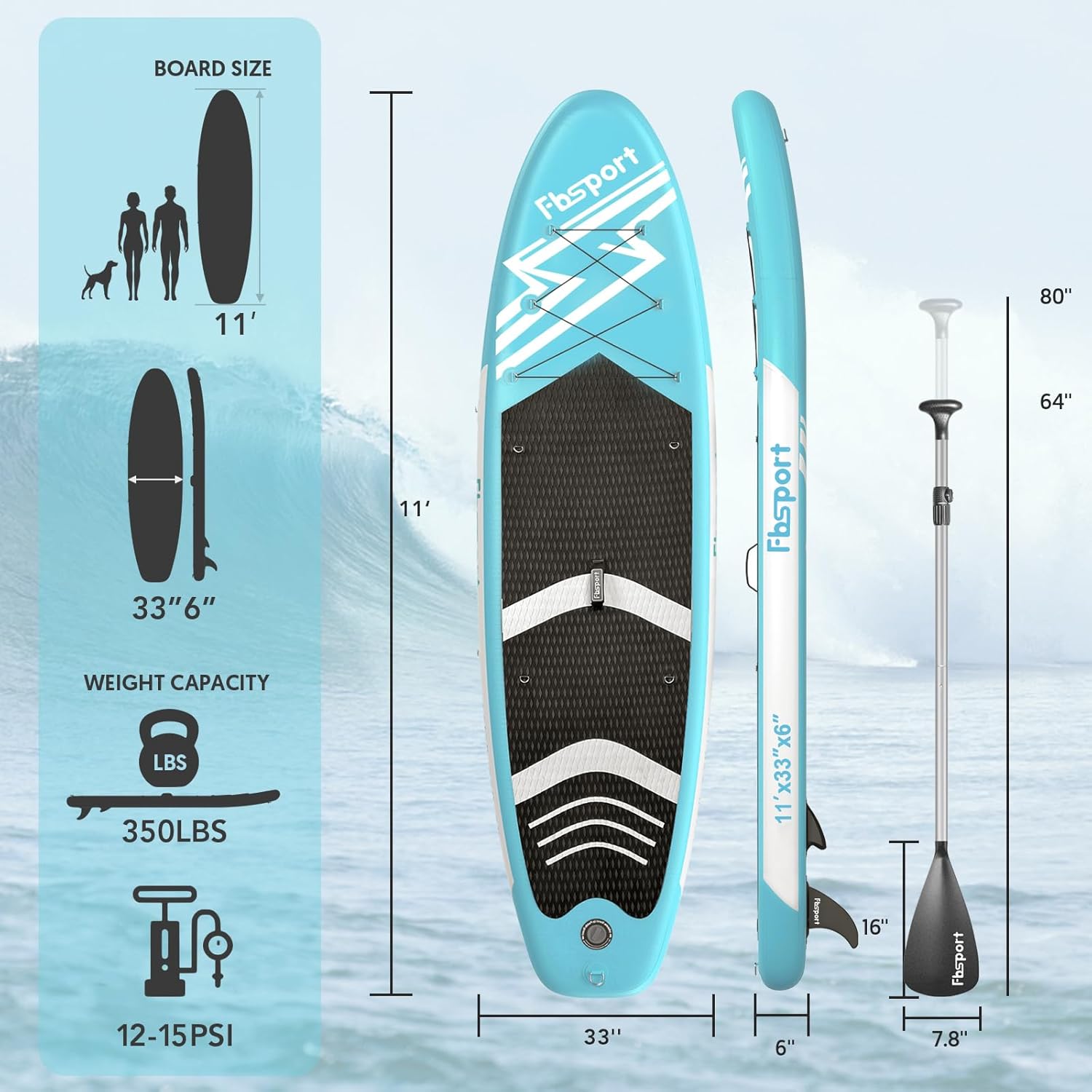 Tabla de Paddle Premium FBSPORT de 11 pulgadas, tabla de yoga con accesorios SUP y bolsa de transporte, postura ancha, control de surf, cubierta antideslizante, correa, remo y bomba para jóvenes y adultos
