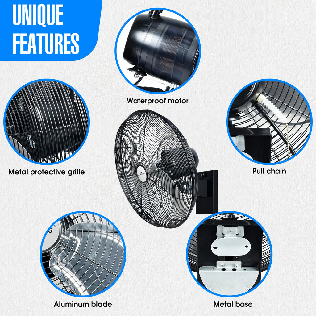 2025 Ventilador mural oscilante de alta velocidad iLIVING de 20" para exterior – 4750 CFM, motor resistente a condiciones extremas, velocidad variable, ideal para taller, garaje, veranda, uso comercial e industrial, 20 pulgadas, color negro
