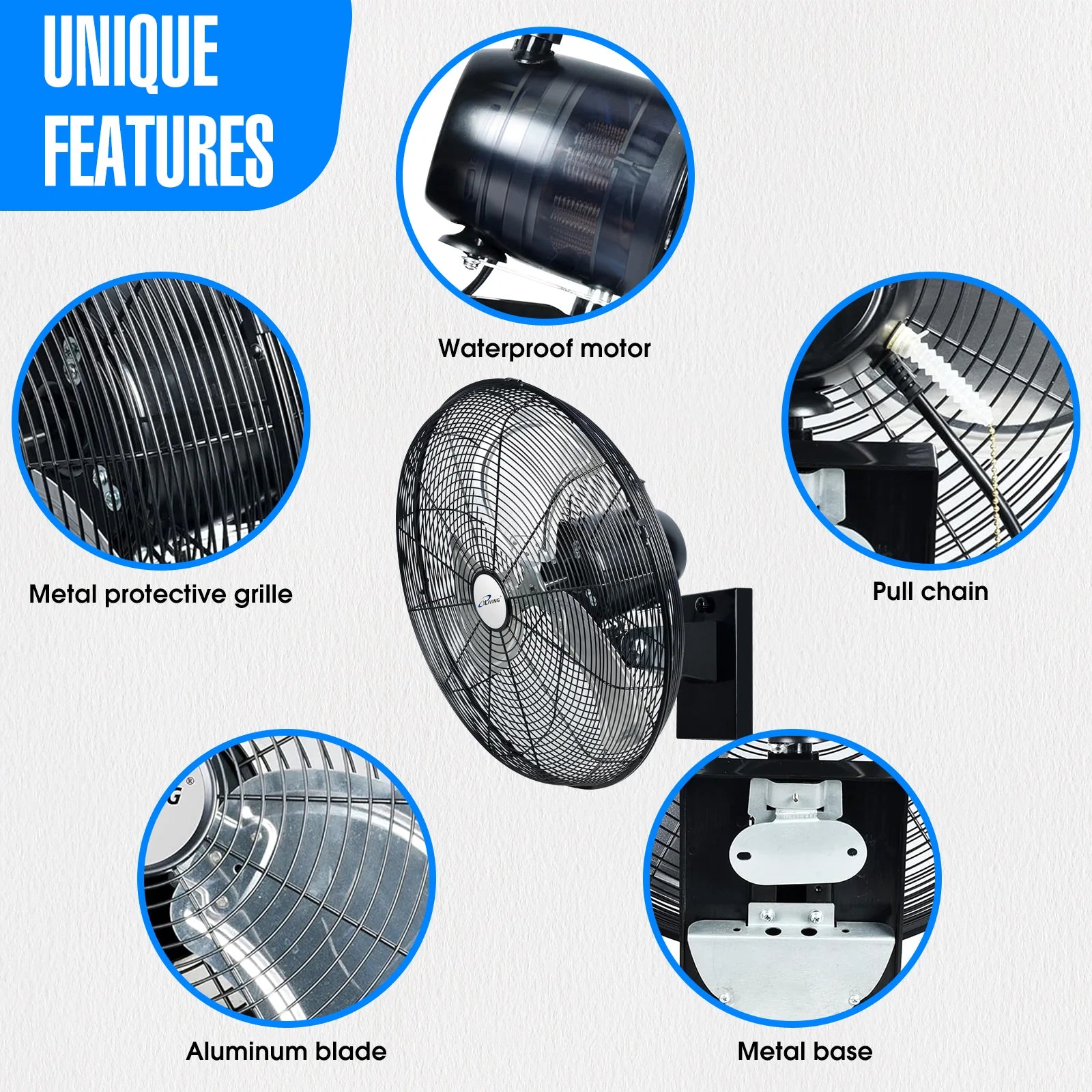 2025 Ventilador mural oscilante de alta velocidad iLIVING de 20" para exterior – 4750 CFM, motor resistente a condiciones extremas, velocidad variable, ideal para taller, garaje, veranda, uso comercial e industrial, 20 pulgadas, color negro