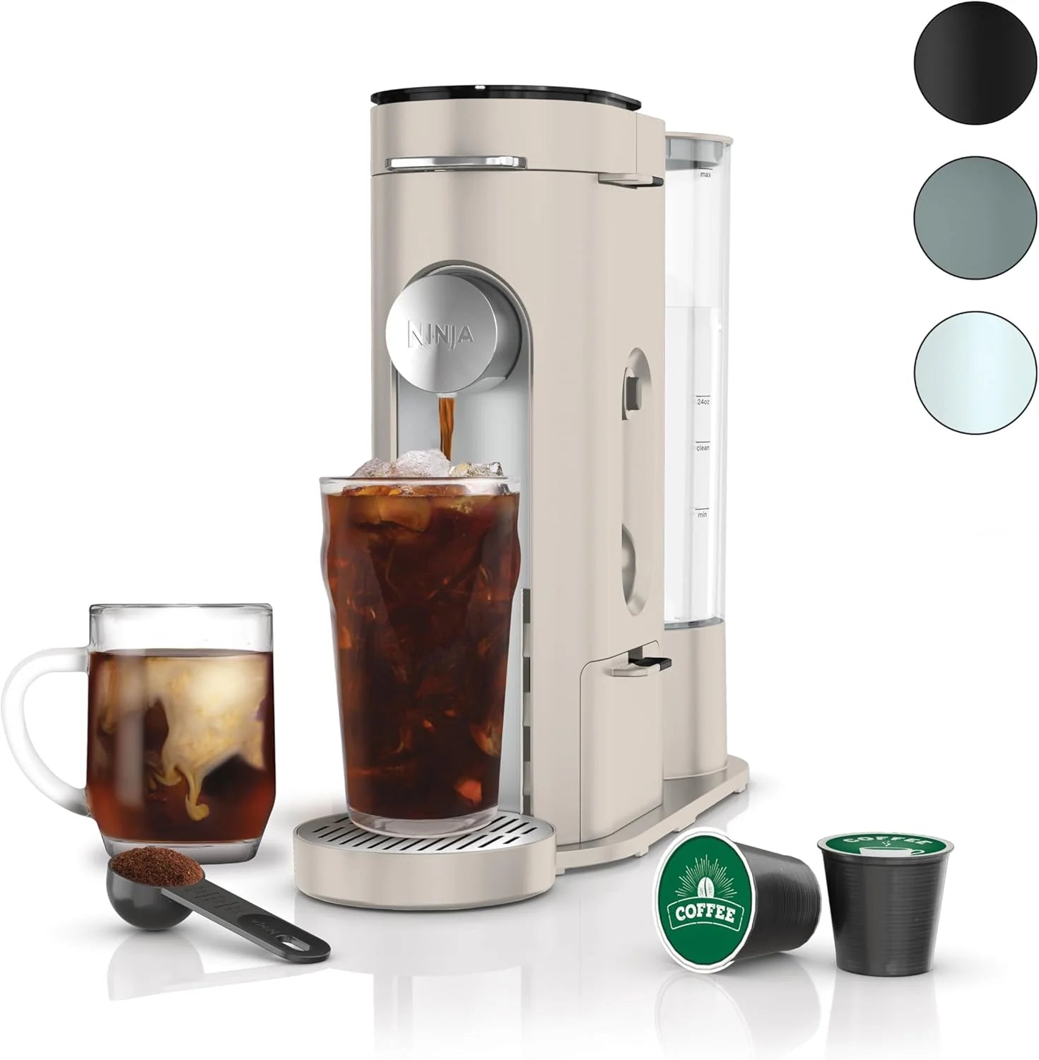 2025 Cafetera de porción individual Ninja Pods & Grounds, compatible con K-Cup, prepara café molido o cápsulas, diseño compacto, depósito de 56 oz, tamaños de taza de 6 oz a 24 oz para viaje, café frío, color piedra, modelo PB041ST