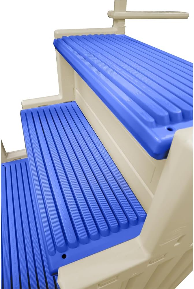 Escalones antideslizantes Aqua Select para piscinas elevadas | Azul | Para piscinas sobre tierra | Se pueden montar en terrazas de 48" a 54" de altura | Escalera de seguridad con capacidad hasta 250 lbs