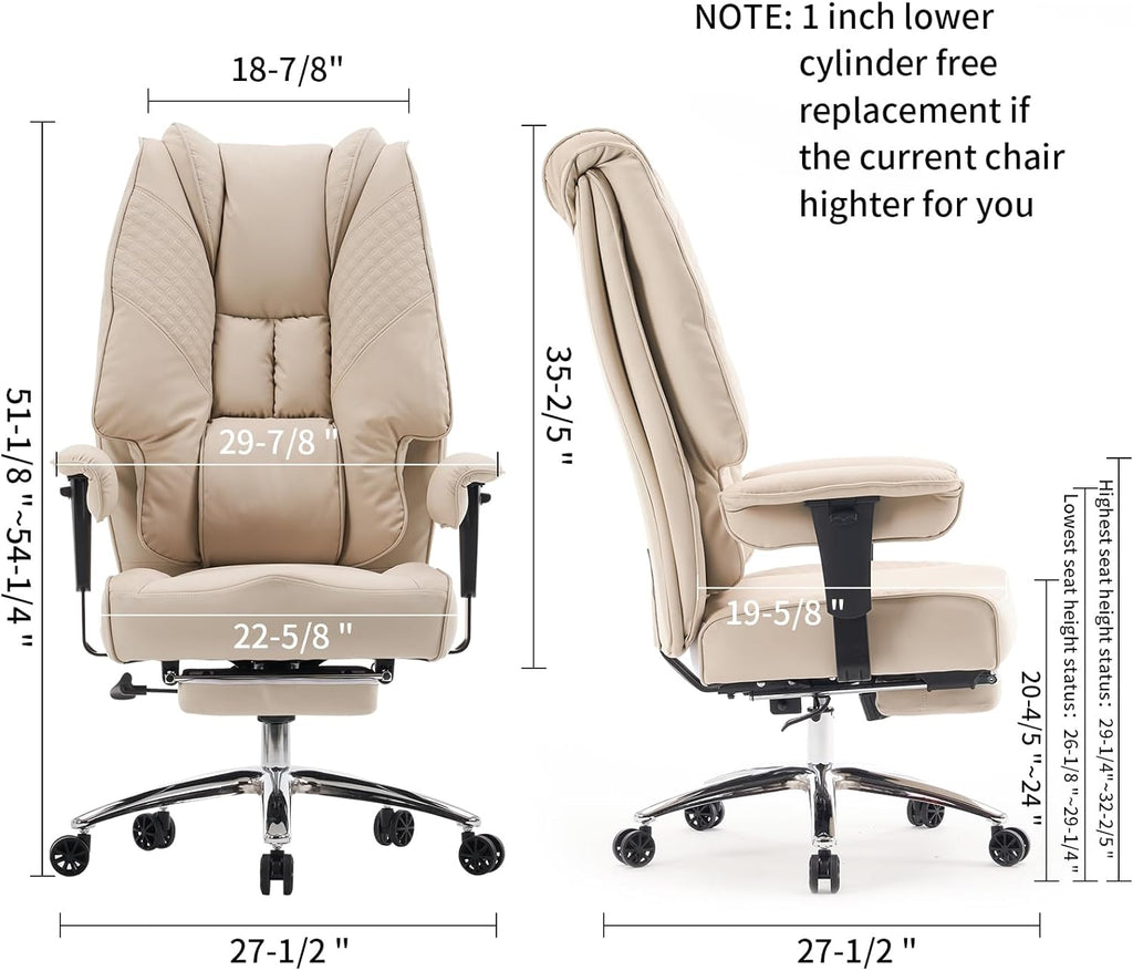 Silla de Oficina Alta y Ancha para 400 lbs, Silla Ejecutiva de Cuero con Respaldo Alto y Reposapiés, Silla Ergonómica con Soporte Lumbar para Aliviar el Dolor de Espalda Baja (Beige)