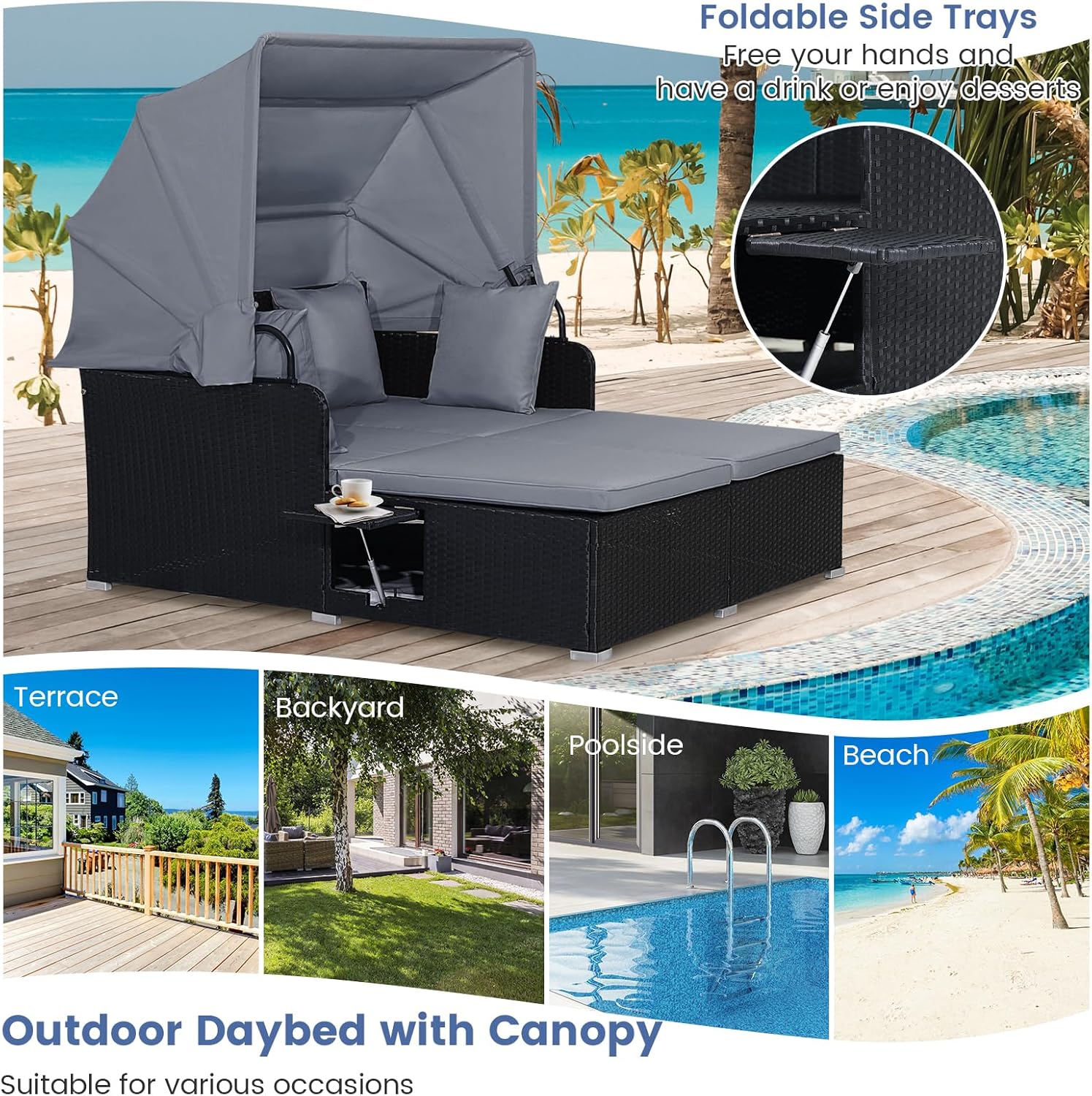 RELAX4LIFE Cama de Jardín Exterior con Dosel, Tumbona de Resina Trenzada con Cojines, 4 Almohadas y 2 Bandejas Laterales Retráctiles, Cama Lounge para 2 Personas para Piscina, Porche, Jardín, Cama de Exterior de Ratán (Turquesa)