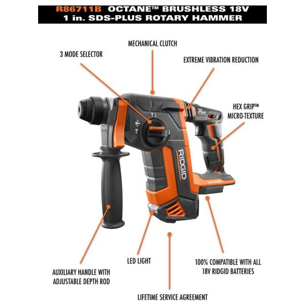 2025 Martillo Rotatorio Cordless Brushless 18 Voltios OCTANE SDS-Plus 1 pulgada (Solo Herramienta) R86711B de RIDGID