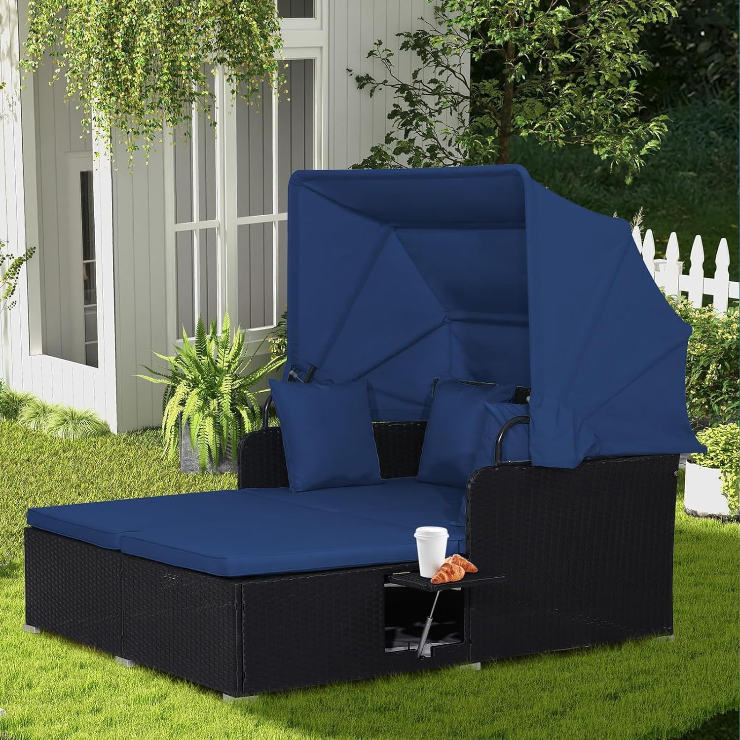 RELAX4LIFE Cama de Jardín Exterior con Dosel, Tumbona de Resina Trenzada con Cojines, 4 Almohadas y 2 Bandejas Laterales Retráctiles, Cama Lounge para 2 Personas para Piscina, Porche, Jardín, Cama de Exterior de Ratán (Turquesa)