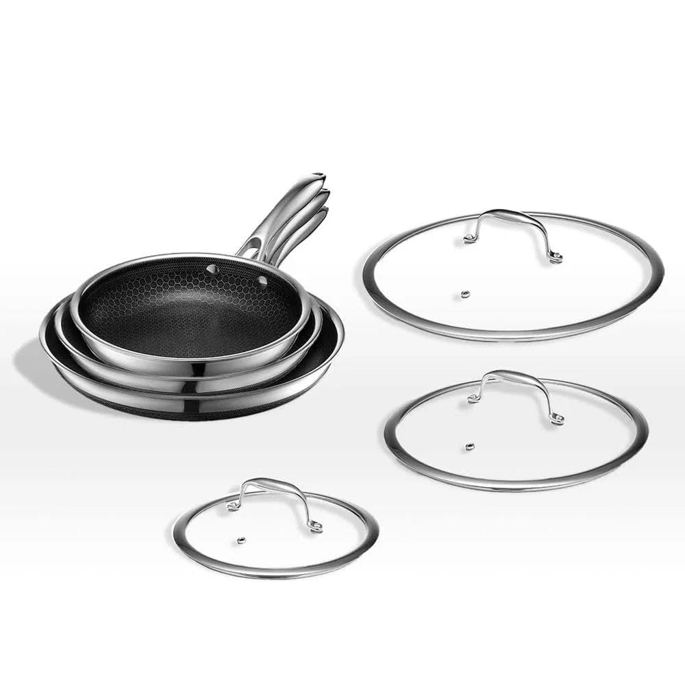 2025 Set de Sarténes Híbridas de Acero Inoxidable HexClad de 6 Piezas – 8", 10", 12" con Tapas de Vidrio, Talla Única, Negro