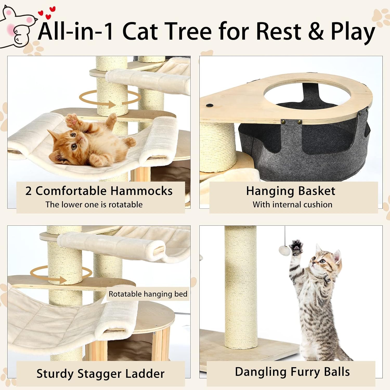 Árbol para Gatos Grande, Torre de Múltiples Niveles con Poste de Sisal, Hamaca, Cesta Colgante y Alfombrillas Desmontables y Lavables, Perfecto para Gatos Grandes