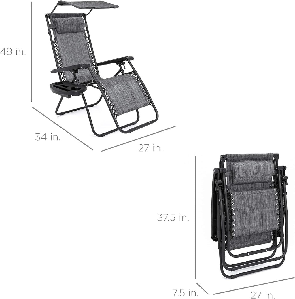 Best Choice Products – Silla Reclinable de Patio con Gravedad Cero, Ajustable y Plegable para Exteriores con Dosel, Almohada Cervical y Bandeja Lateral, Textileno – Azul Pavo Real