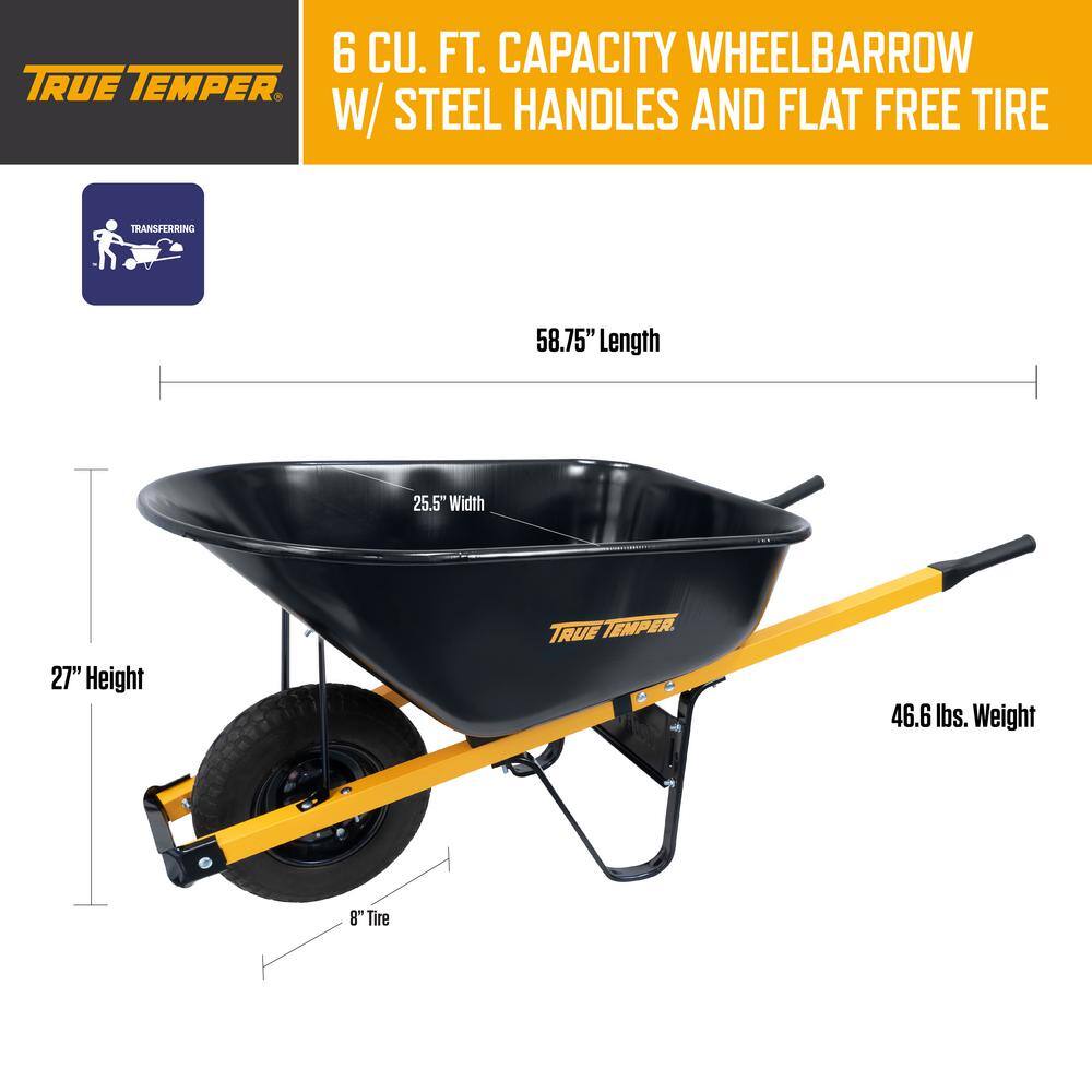 Carretilla True Temper R6STFFEC de Acero 6 pies³ con Rueda Antipinchazos y Mangos de Acero – Kit para Montar