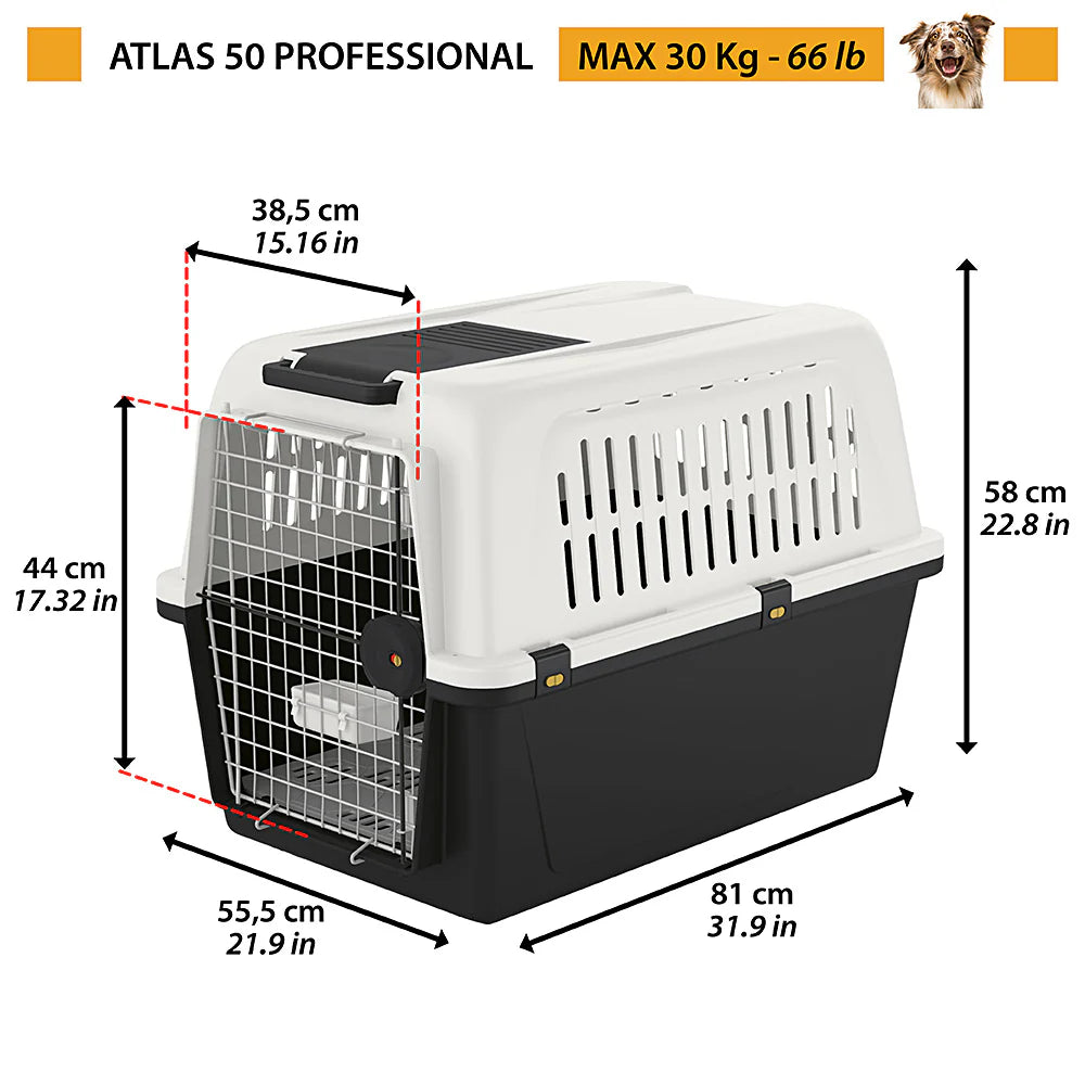 2025 Atlas – Transportín para mascotas, seguro, ventilado y conforme a la normativa IATA. Para coche, tren, barco y avión. Ruedas y kit de rejilla opcionales