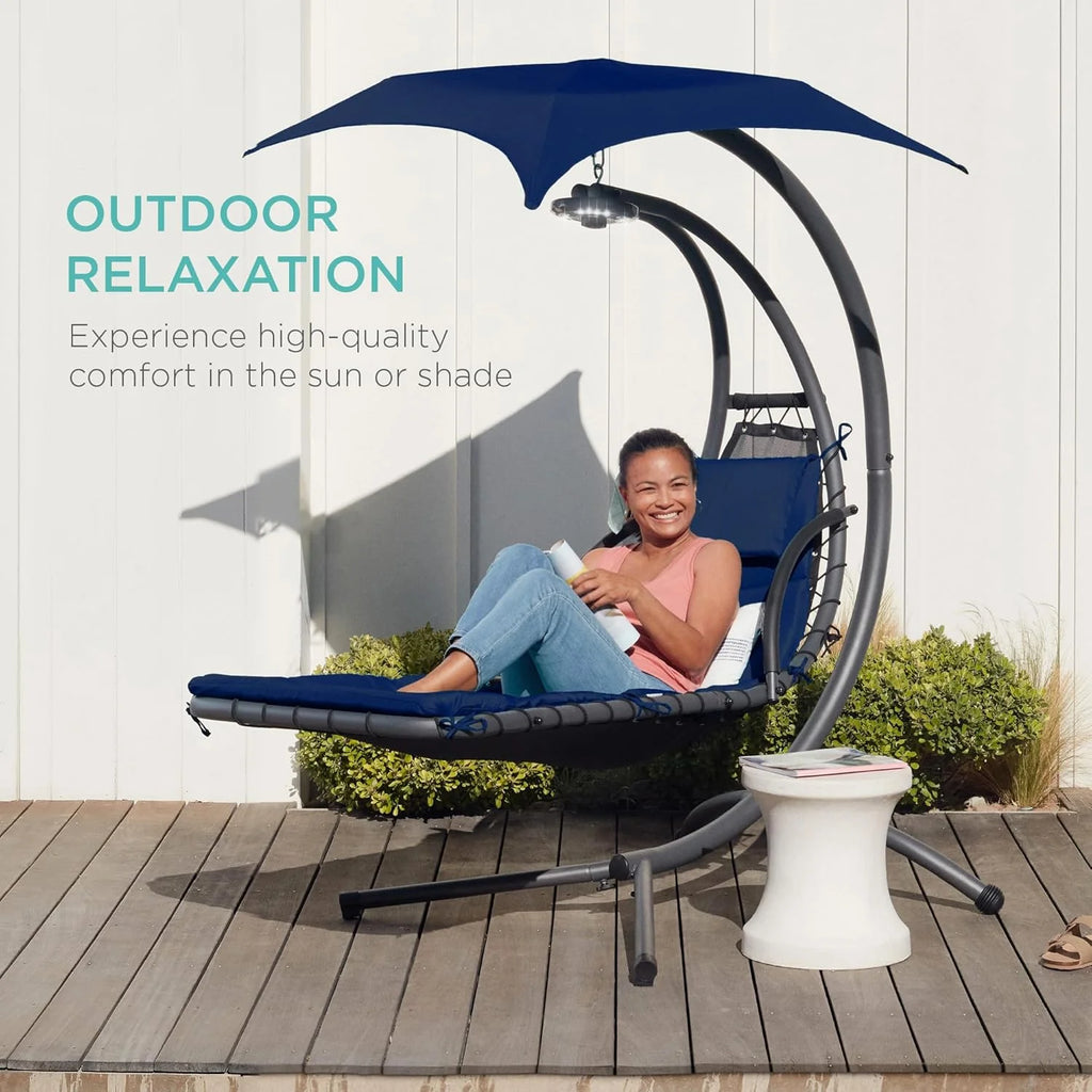 Chaise Longue Suspendue de Exterior Best Choice Products – Silla Balancín Curvada de Acero con Cojín Integrado y Toldo Desmontable – Gris Carbón
