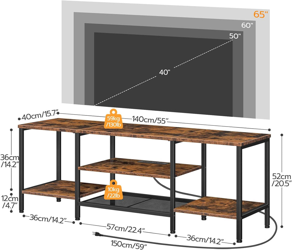Mueble para TV con Enchufes Integrados para TVs de hasta 75 Pulgadas, Mesa Consola con Estantes Abiertos, Centro de Entretenimiento Industrial para Sala o Dormitorio, Color Marrón Rústico y Negro BF60DS01