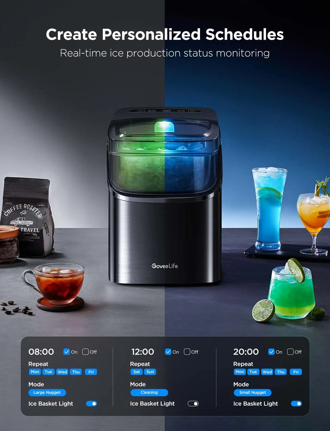 2025 GoveeLife Máquina de Hielo Inteligente con Control por Voz – 9 Cubos en 6 Minutos, 3 Tamaños, 12 kg/24h, Autolimpiante, Iluminación RGB, Silenciosa, con Pala – Negra
