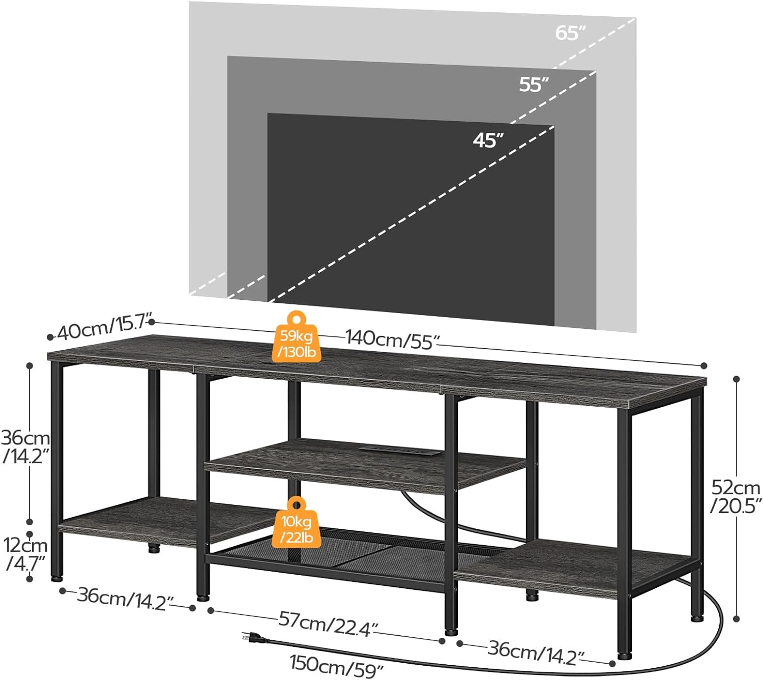 Mueble para TV con Enchufes Integrados para TVs de hasta 75 Pulgadas, Mesa Consola con Estantes Abiertos, Centro de Entretenimiento Industrial para Sala o Dormitorio, Color Marrón Rústico y Negro BF60DS01