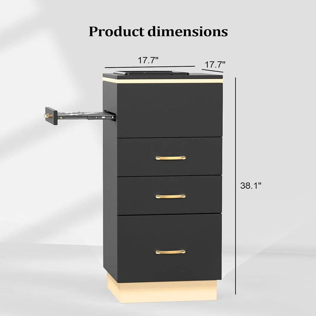 OmySalon Estación de Almacenamiento para Salones – Mueble de Peluquería con 3 Cajones, Compartimento de Almacenamiento y 3 Soportes para Secadores – Color Oro Blanco