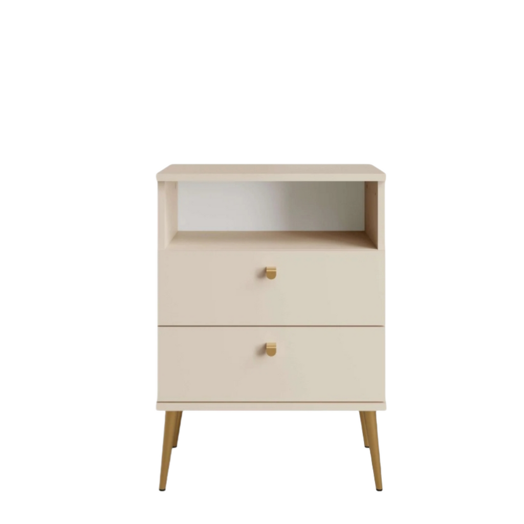 Mesita de noche Elyria con diseño elegante en beige, tiradores metálicos, 50 cm