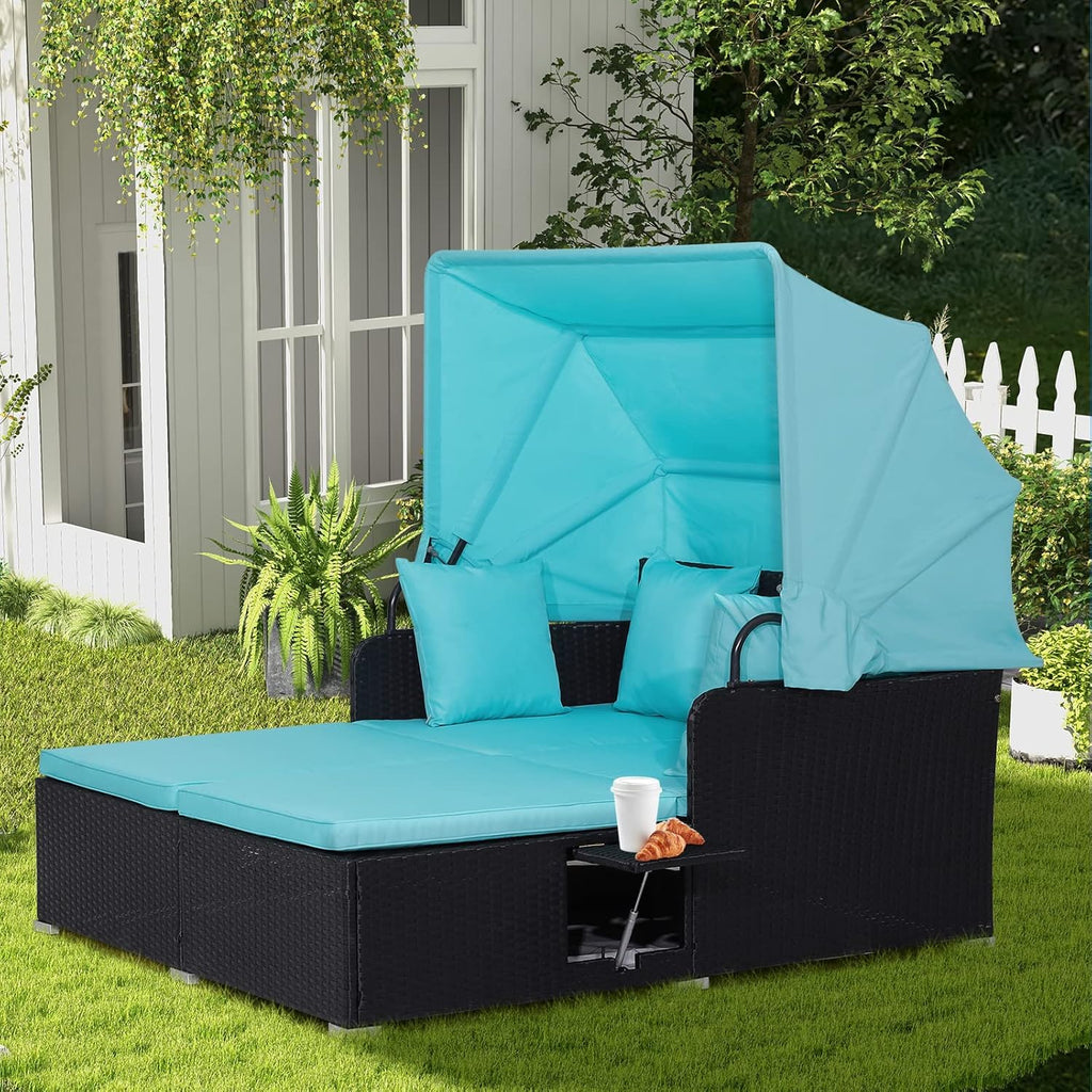 RELAX4LIFE Cama de Jardín Exterior con Dosel, Tumbona de Resina Trenzada con Cojines, 4 Almohadas y 2 Bandejas Laterales Retráctiles, Cama Lounge para 2 Personas para Piscina, Porche, Jardín, Cama de Exterior de Ratán (Turquesa)
