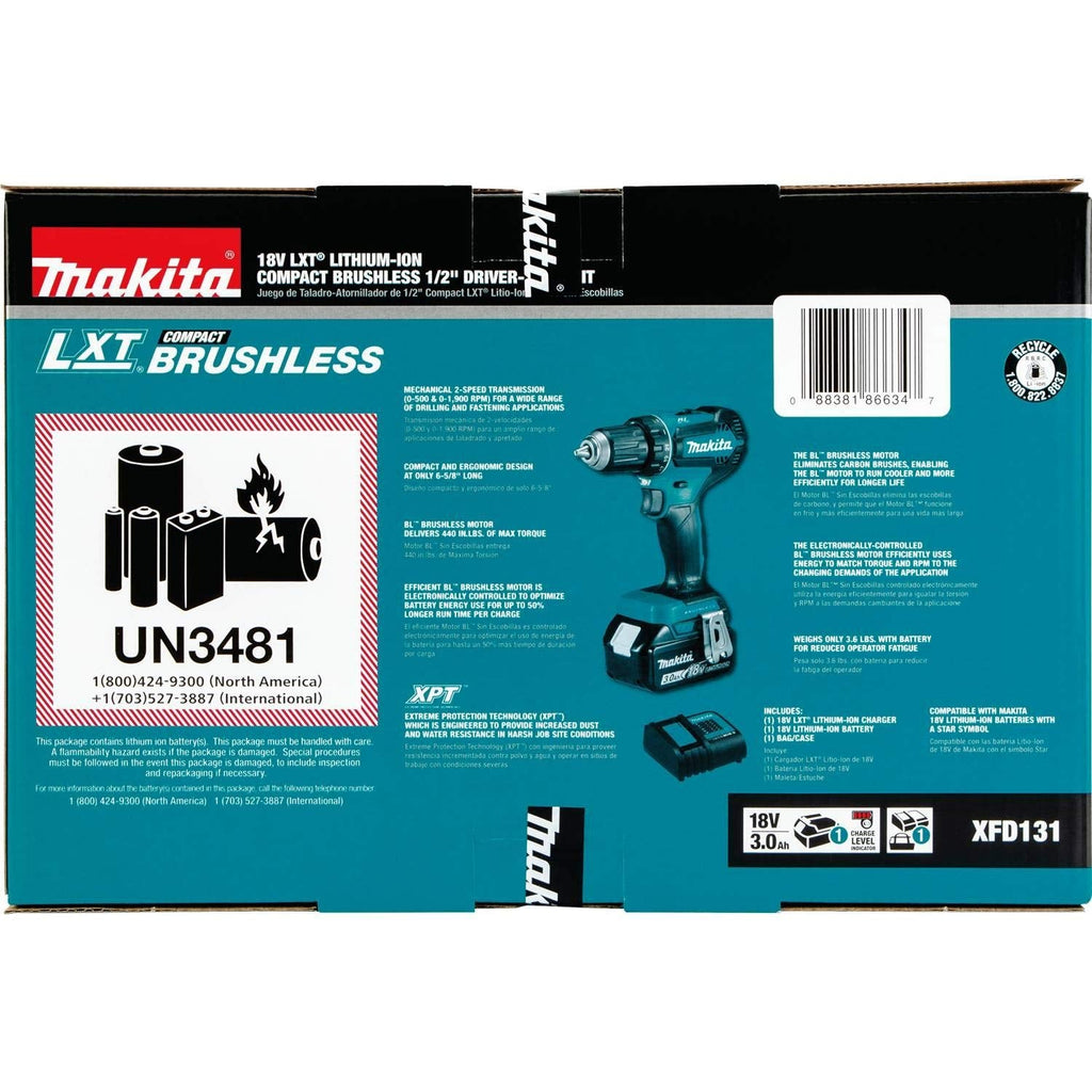 Makita XFD131 Kit de Taladro-Atornillador Inalámbrico sin Escobillas 18V LXT de 1/2" (3.0Ah)