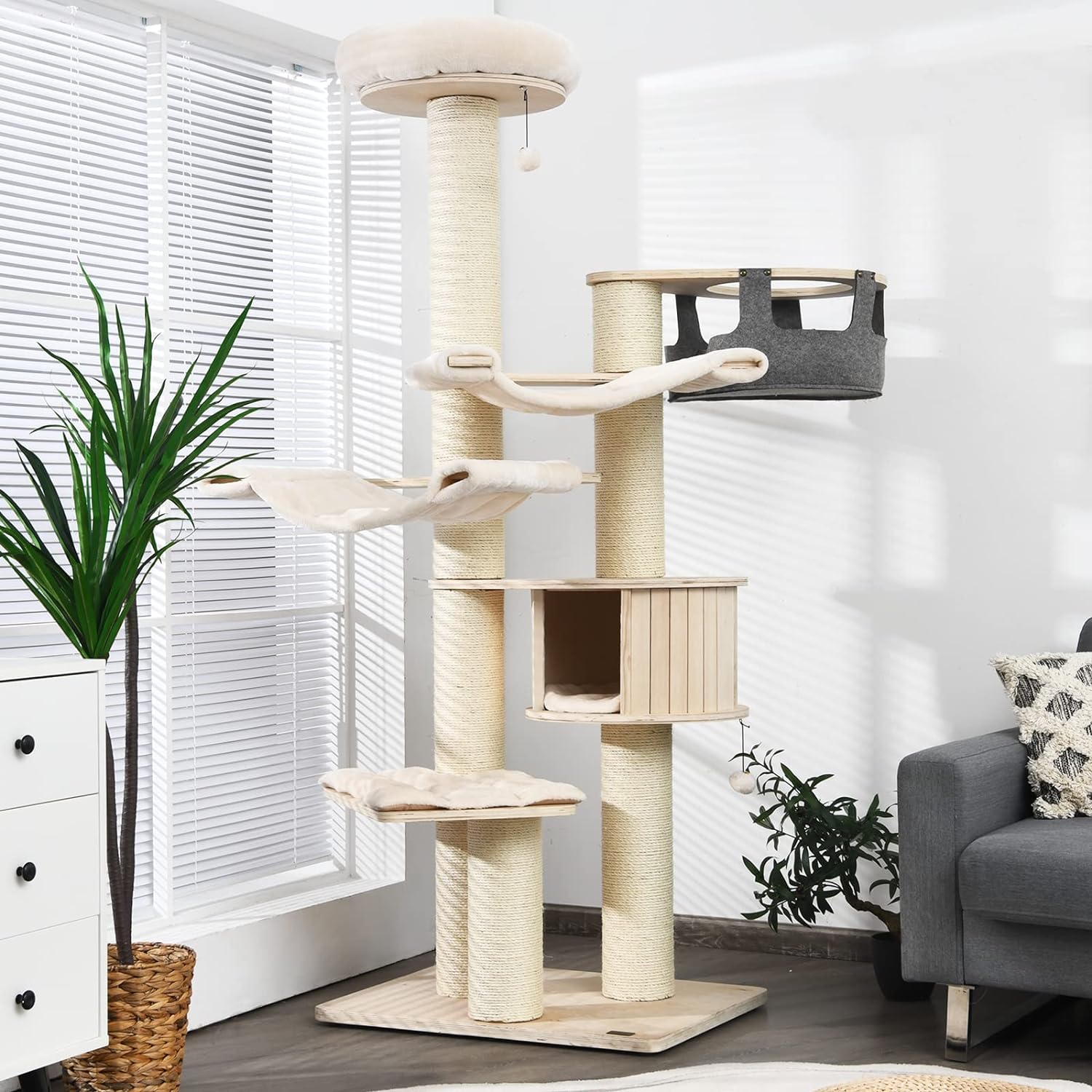 Árbol para Gatos Grande, Torre de Múltiples Niveles con Poste de Sisal, Hamaca, Cesta Colgante y Alfombrillas Desmontables y Lavables, Perfecto para Gatos Grandes
