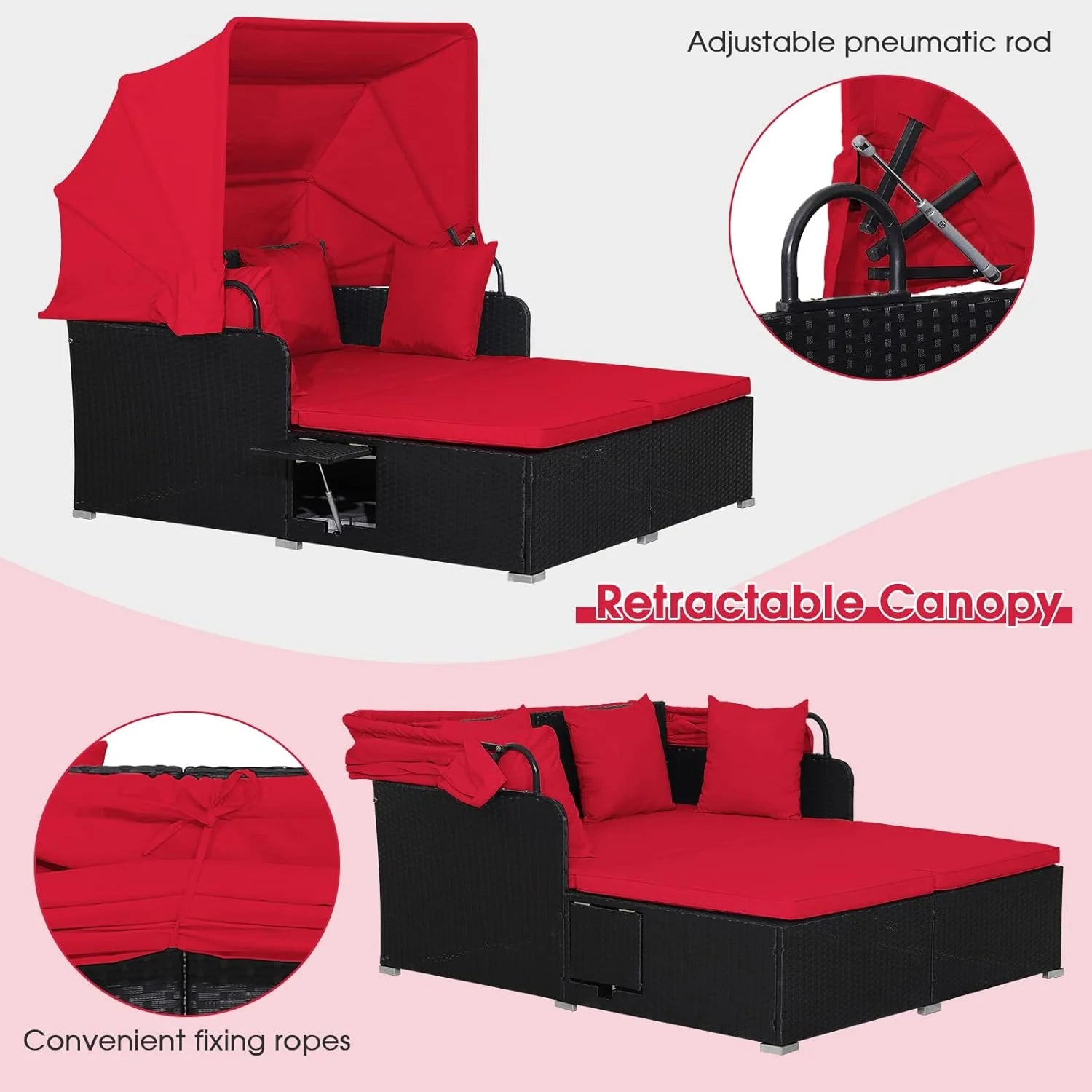 RELAX4LIFE Cama de Jardín Exterior con Dosel, Tumbona de Resina Trenzada con Cojines, 4 Almohadas y 2 Bandejas Laterales Retráctiles, Cama Lounge para 2 Personas para Piscina, Porche, Jardín, Cama de Exterior de Ratán (Turquesa)