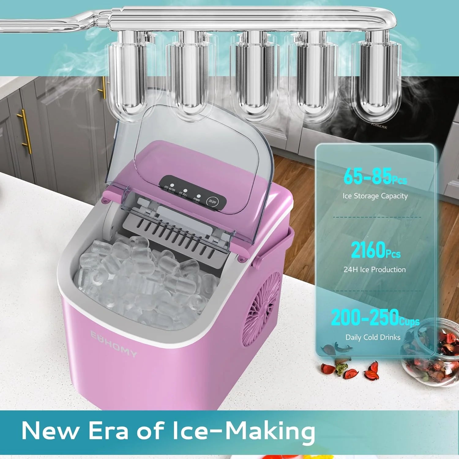 2025 Máquina de hielo portátil EUHOMY 12'' Rosa – Ultra silenciosa con asa