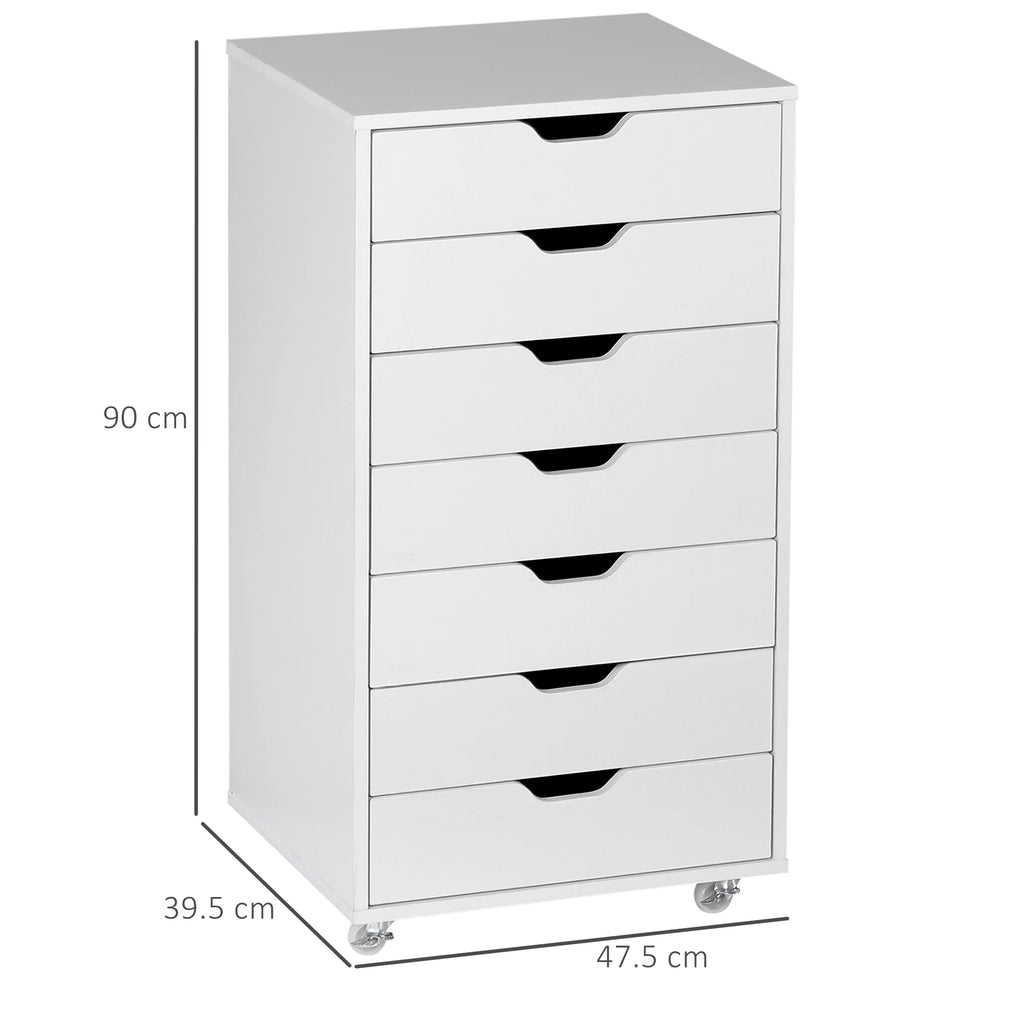 Cajonera Vertical de 7 Cajones, Mueble de Oficina Móvil con Ruedas, Blanco