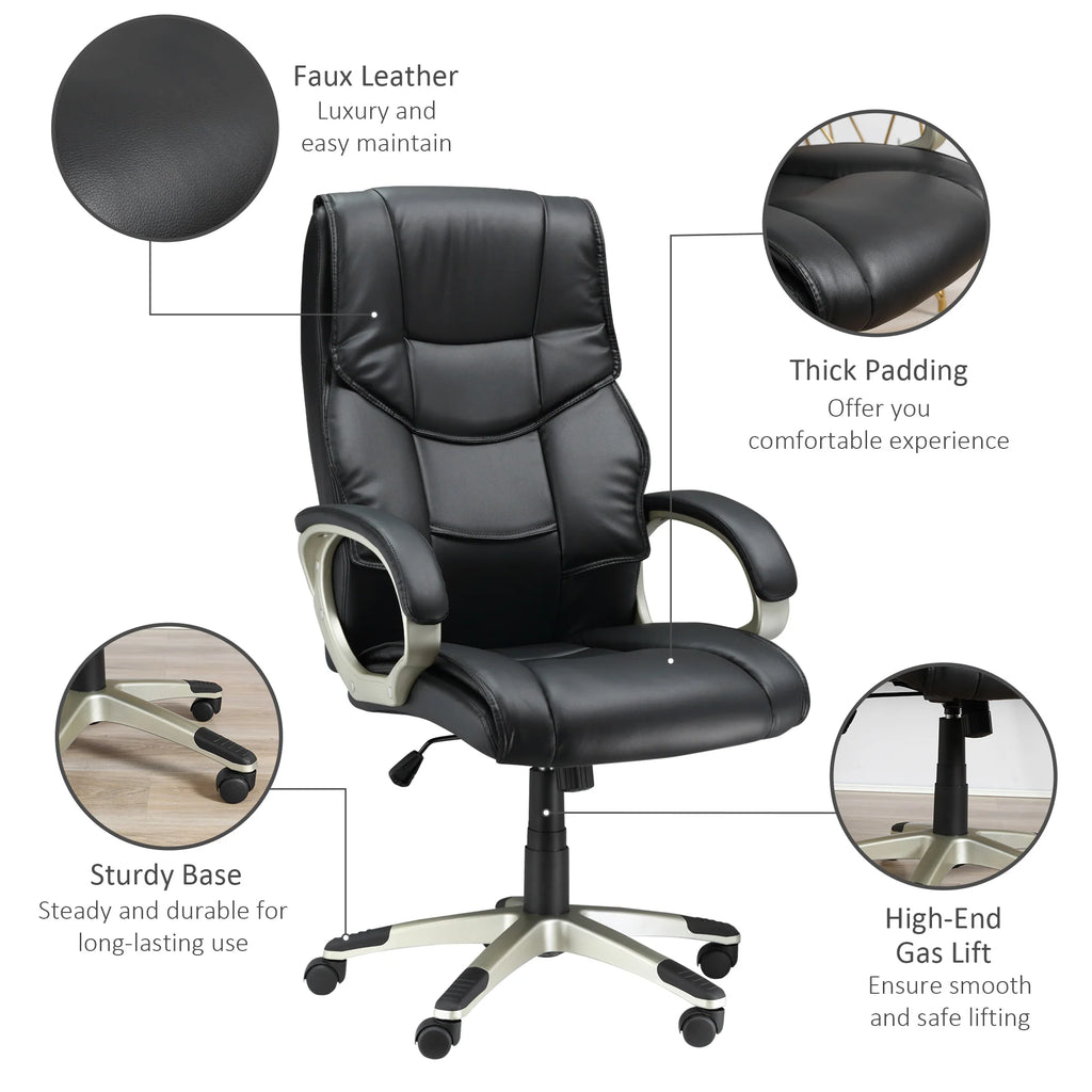 Silla de Oficina con Respaldo Alto, Sillón Giratorio de Cuero Sintético con Altura Ajustable, Negro