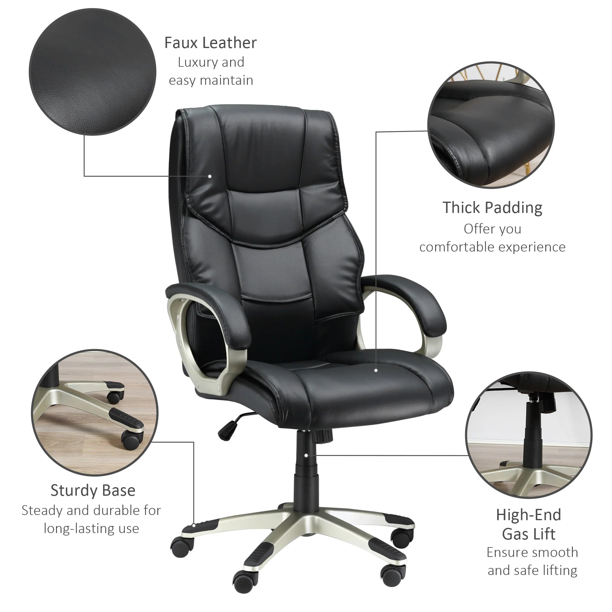 Silla de Oficina con Respaldo Alto, Sillón Giratorio de Cuero Sintético con Altura Ajustable, Negro