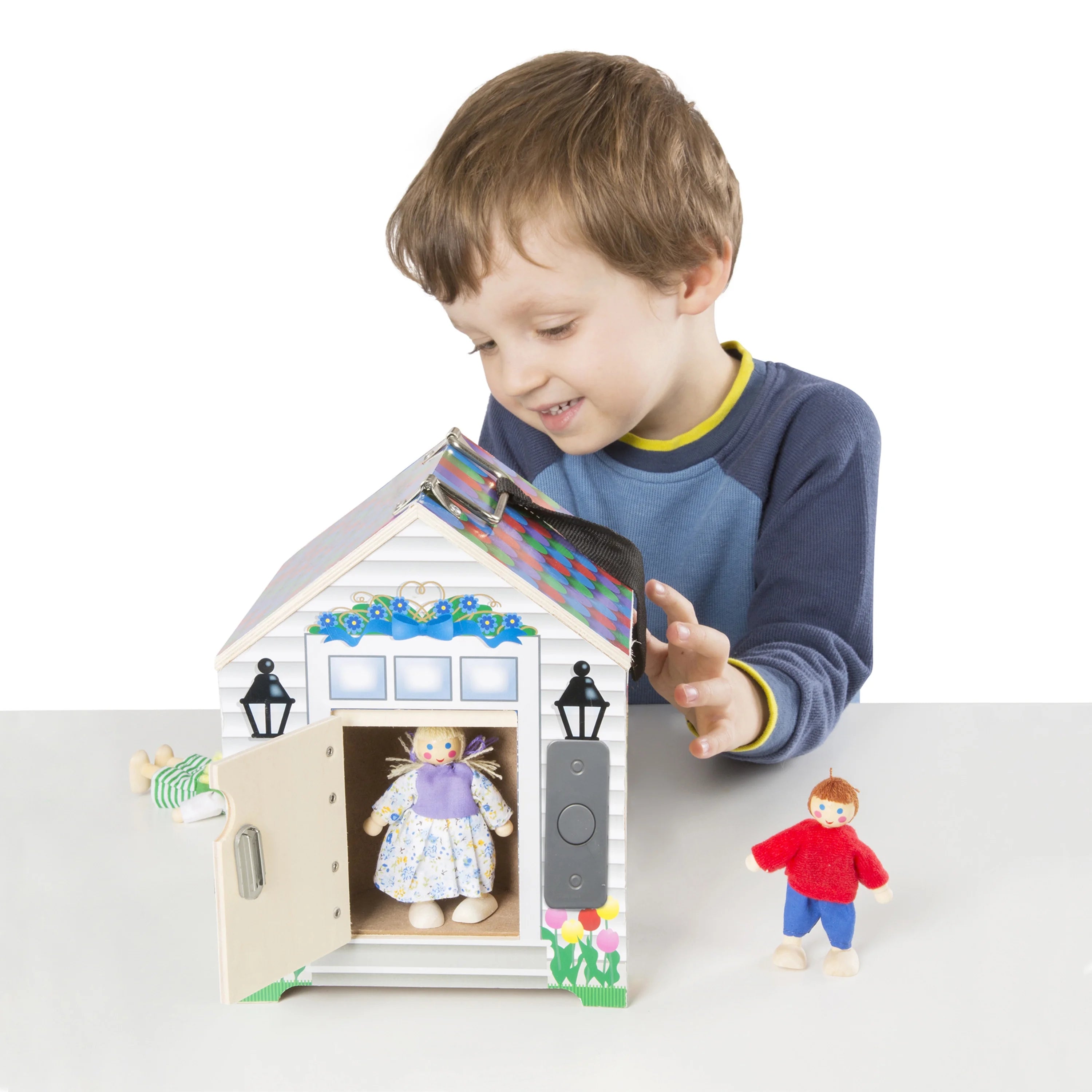 Melissa & Doug Casa de Muñecas de Madera con Timbre para Llevar – Sonidos de Timbre, Llaves, 4 Muñecos de Madera Posables