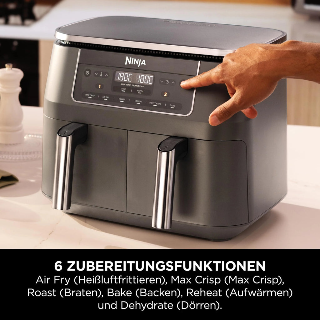 2025 Freidora de aire digital Ninja Dual Zone, 2 cajones, 6 en 1, sin aceite, capacidad 7,6 L, cocción con aire caliente, función Max Crisp, asar, hornear, recalentar, cestas aptas para lavavajillas, gris metálico DZ300EU