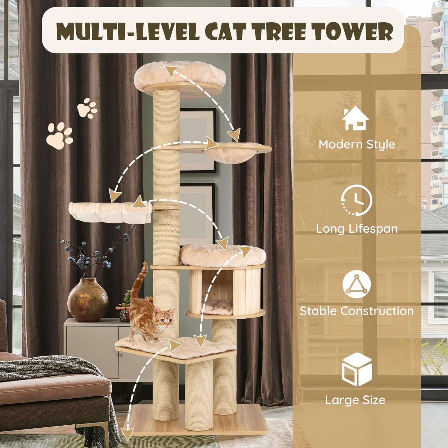 Árbol para Gatos Grande, Torre de Múltiples Niveles con Poste de Sisal, Hamaca, Cesta Colgante y Alfombrillas Desmontables y Lavables, Perfecto para Gatos Grandes