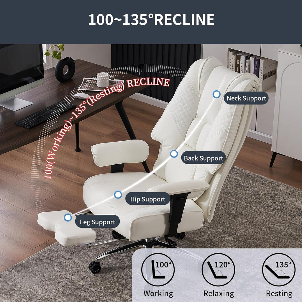 Silla de Oficina Alta y Ancha para 400 lbs, Silla Ejecutiva de Cuero con Respaldo Alto y Reposapiés, Silla Ergonómica con Soporte Lumbar para Aliviar el Dolor de Espalda Baja (Beige)