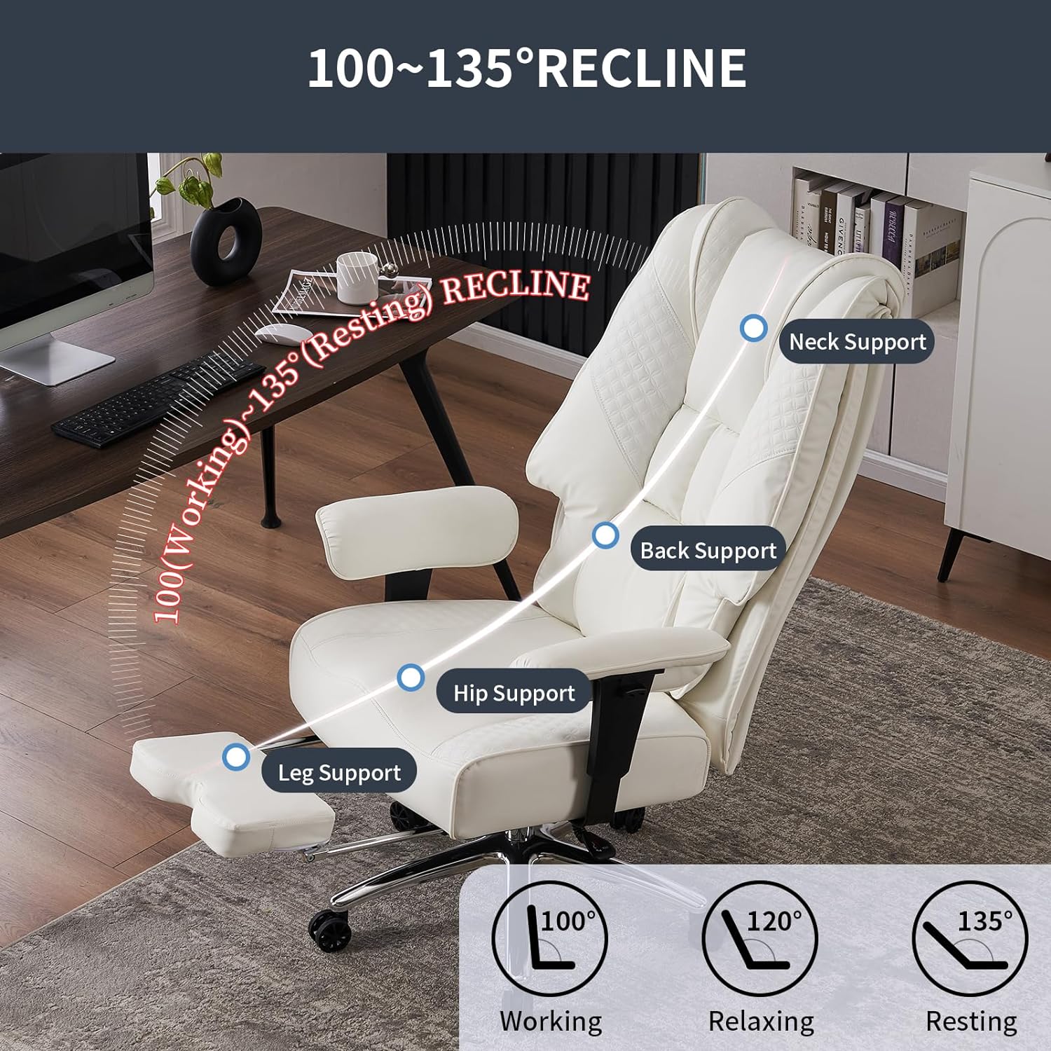 Silla de Oficina Alta y Ancha para 400 lbs, Silla Ejecutiva de Cuero con Respaldo Alto y Reposapiés, Silla Ergonómica con Soporte Lumbar para Aliviar el Dolor de Espalda Baja (Beige)