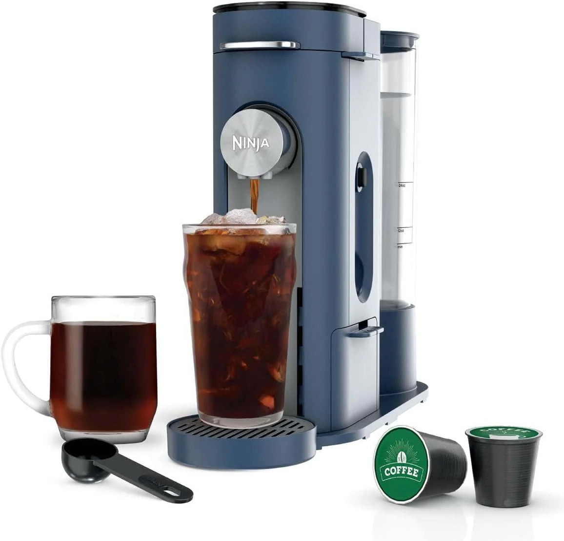 2025 Cafetera de porción individual Ninja Pods & Grounds, compatible con K-Cup, prepara café molido o cápsulas, diseño compacto, depósito de 56 oz, tamaños de taza de 6 oz a 24 oz para viaje, café frío, color piedra, modelo PB041ST