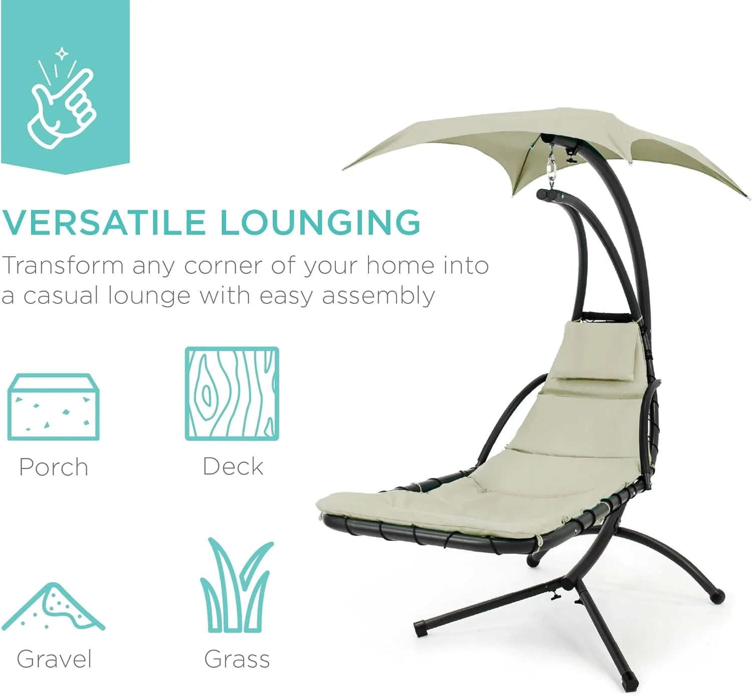 Chaise Longue Suspendue de Exterior Best Choice Products – Silla Balancín Curvada de Acero con Cojín Integrado y Toldo Desmontable – Gris Carbón