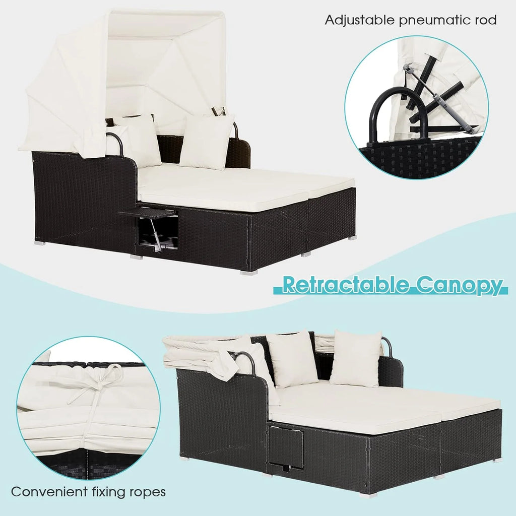 RELAX4LIFE Cama de Jardín Exterior con Dosel, Tumbona de Resina Trenzada con Cojines, 4 Almohadas y 2 Bandejas Laterales Retráctiles, Cama Lounge para 2 Personas para Piscina, Porche, Jardín, Cama de Exterior de Ratán (Turquesa)