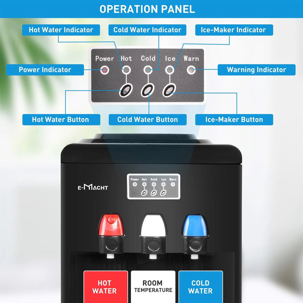 Dispensador de agua 2 en 1 con fábrica de hielo – Para botellas de 3 a 5 galones – Seguridad infantil – Negro